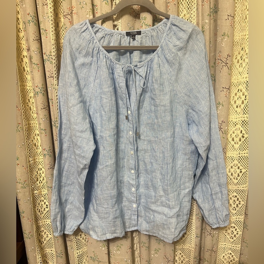 NYDJ 100% Linen Blue Stripe Peasant Blouse Large